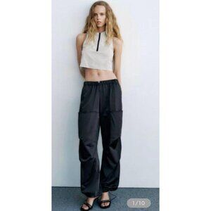 ZARA Women's XL Black Satin Effect Drawstring Parachute Pants Streetwear Cargo